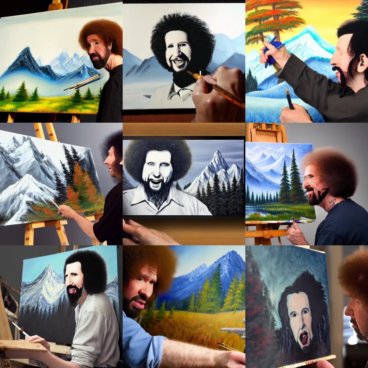 Prompt: a closeup photorealistic photograph of bob ross working on a canvas painting of marilyn manson. happy trees. mountain scape. film still. brightly lit scene. this 4 k hd image is trending on artstation, featured on behance, well - rendered, extra crisp, features intricate detail, epic composition and the style of unreal engine.