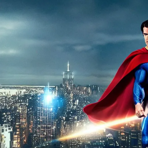 Image similar to Incredible cinematic realistic image of Henry Cavill dressing up the cape as Superman at top of empire state fighting a giant kaiju, destruction over new york, hyper real, intrincate, cinematic global ilumination, dawn, lens flare