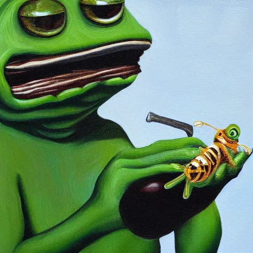 Image similar to pepe frog eating honey, surrealism, oil and acrylic on canvas, high detail