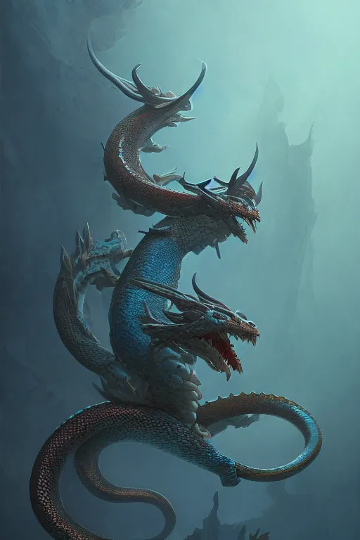 Prompt: cyan dragon - snake hybrid, antlers, disgruntled scales, claws, fantasy, magic, complete, detailed, digital painting, trending on artstation, matte painting by greg rutkowski keita okada antonio j. manzanedo