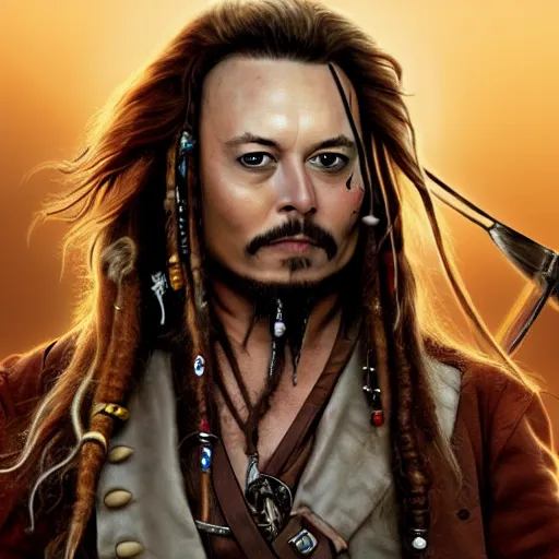 Image similar to Elon Musk as a Jack Sparrow from Pirates of the Caribbean, artstation, digital art, hyperrealistic, high quality, high detalied, 8K,