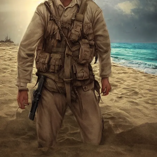 Prompt: jesus christ as a soldier on the beach during d - day trending on artstation deviantart pinterest photorealistic hd 8 k highlights and shadow detailed high resolution