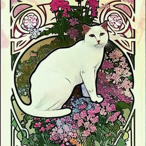 Image similar to white short haired cat, surrounded by flowers, Alphonse mucha, art nouveau, poster art, beautiful art nouveau advertisement