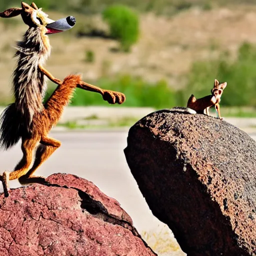 Image similar to wile e coyote eating a road runner steak on a falling boulder