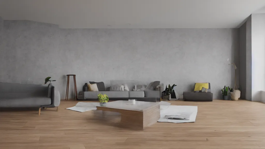 Image similar to living room, wooden floor, concrete wall, contemporary furniture, photorealistic render in octane