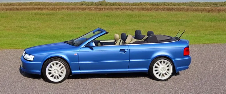 Image similar to Denim Blue Audi A4 B6 Avant Convertible (2002), soft top roof raised, red interior, created by Barclay Shaw