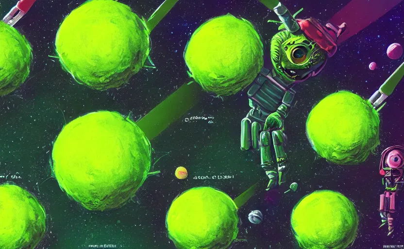 Image similar to an army of different green tennis ball monsters, in space, digital art, fantasy, magic, chalk, chalked, trending on artstation, ultra detailed, detailed, fine details, professional illustration by basil gogos