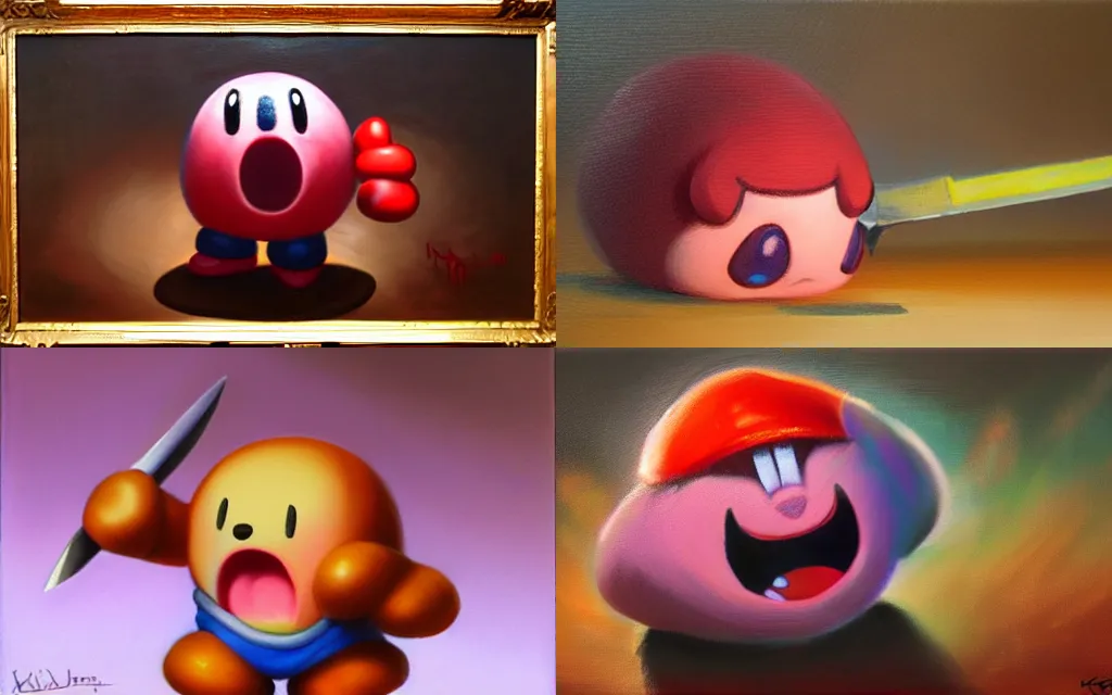 Prompt: Kirby threatens with a knife, oil painting, detailed, trending on artstation, 8k