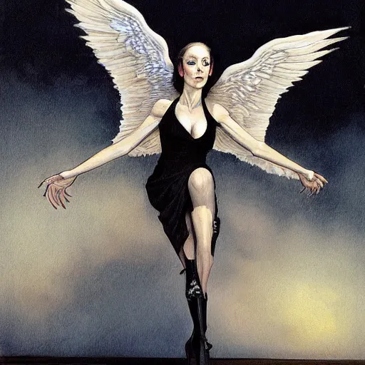 Prompt: portrait of a short woman with long, strong legs, short torso, and wings, by Gerald Brom