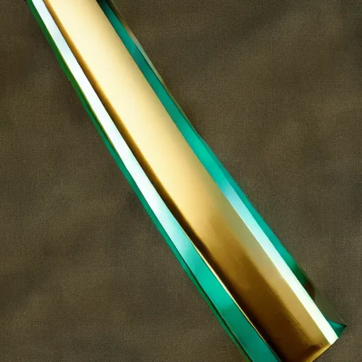 Image similar to photograph of a large green and teal crystal sword with a gold sword hilt