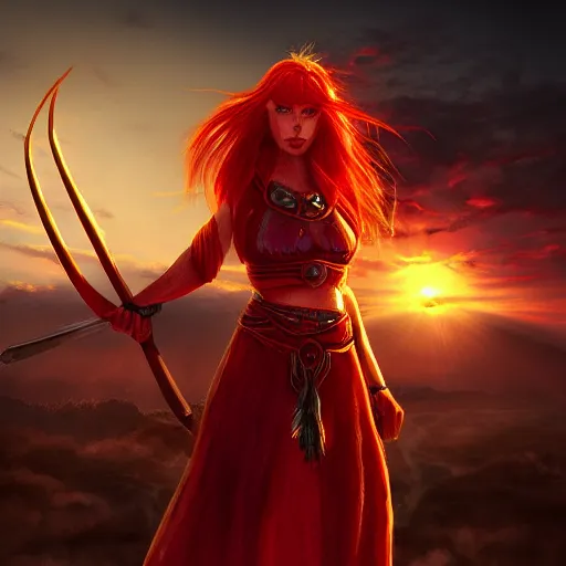 Image similar to Beautiful red haired warrior priestess, sunset, backlit, digital art, trending on ArtStation