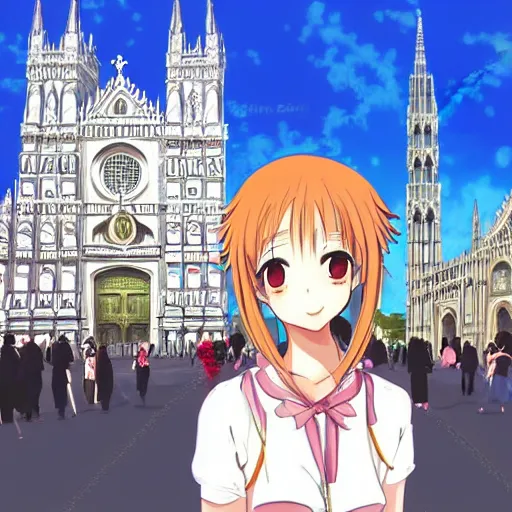 Image similar to “anime girl in front of the duomo cathedral in Milano, pixiv anime”