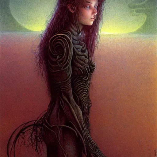 Image similar to cute young vampire tomboy girl with short short short dark hairs on lovecraftian planet by jean delville by luis royo and wayne barlowe, beksinski