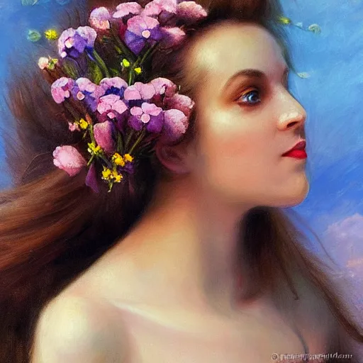 Image similar to a portrait of a romantic woman with flowers grow out of hair, roses peonies forget-me-nots dahlias lupins gladioli, sky theme in background, by Alexandr Averin, Digital Art, Trending on artstation