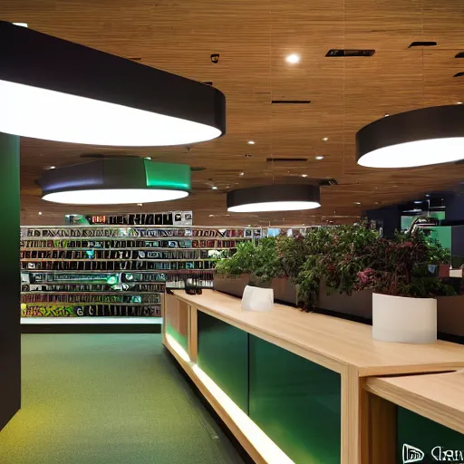 Prompt: interior photography of a Microsoft Samsung flagship store, black walls, textures, wood, polished concrete, spotlights, verdant plants green wall, water feature, award winning interior design, patterns, retaildesignblog, dezeen, 14mm, 8k, cinestill, pentax, film