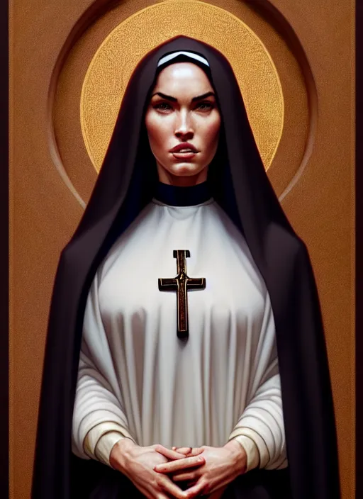 Image similar to portrait of megan fox as a nun praying, catholic, church, bible, christian, intricate, headshot, highly detailed, digital painting, artstation, concept art, sharp focus, cinematic lighting, illustration, art by artgerm and greg rutkowski, alphonse mucha, cgsociety