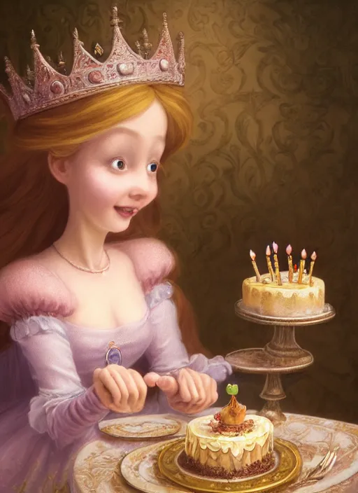 Image similar to highly detailed closeup portrait of a grinning fairytale medieval princess eating birthday cake, unreal engine, nicoletta ceccoli, mark ryden, lostfish, earl norem, global illumination, god rays, detailed and intricate environment