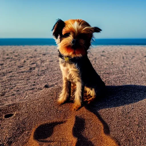 Image similar to a small dog sitting on top of a sandy beach, a picture by wes anderson, shutterstock contest winner, dau - al - set, sense of awe, angelic photograph, majestic