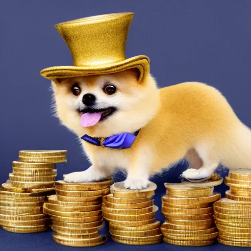 Image similar to A gold pomeranian wearing a top-hat and monocle, sitting on a pile of gold coins