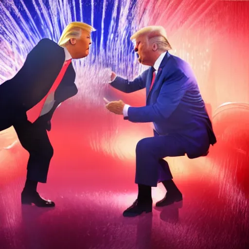 Image similar to donald trump and joe biden fighting inside of a car wash with neon lighting, 4k realistic photo