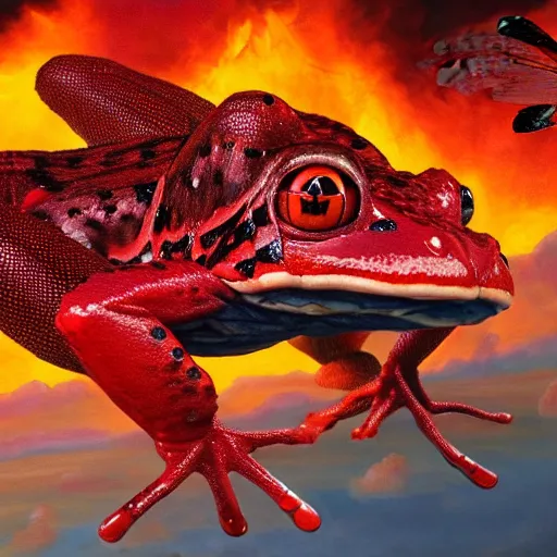 Image similar to giant red frog with giant dragonfly wings flying over a city in flames, photorealism, oil paint, renaissance, 8 k, high detail whide shot