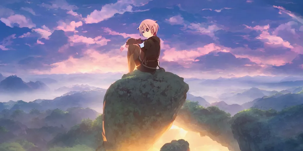 Image similar to isekai masterpiece anime boy sitting on a rock off to the side looking down upon fantasy floating sky town, during dawn, cinematic, very warm colors, intense shadows, anime illustration, rapid mountains, anime screenshot composite background