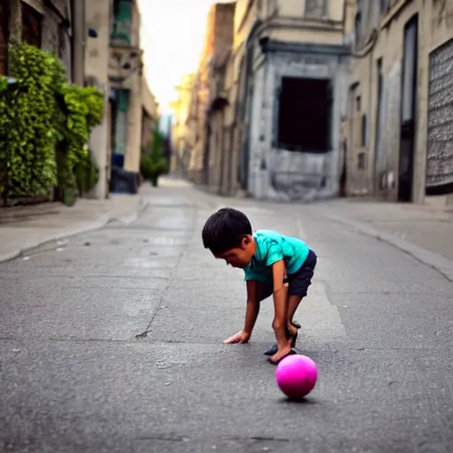 Image similar to a boy playing with a ball in the street 2 0's style