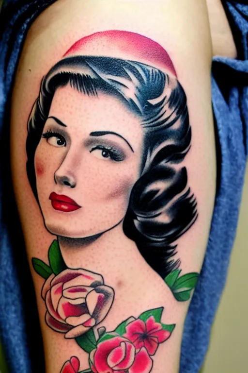 Image similar to traditional American tattoo of a pinup girl, detailed