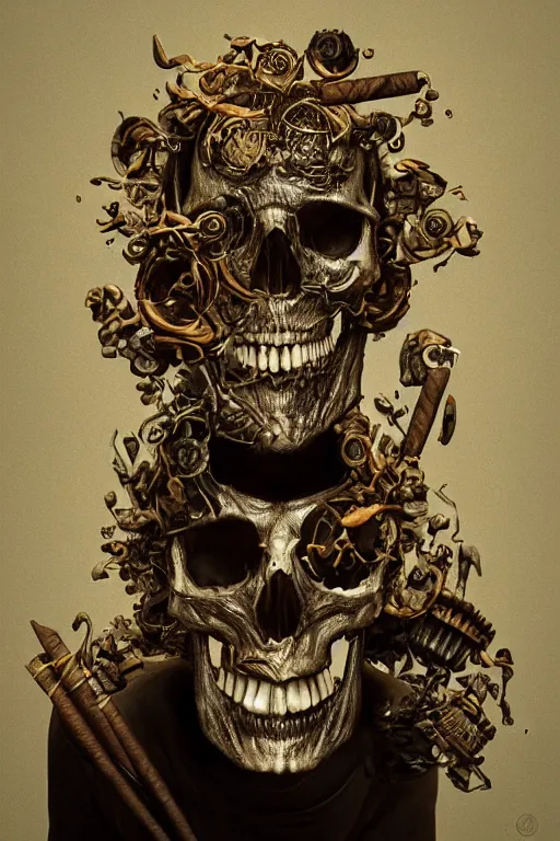 Image similar to portrait of a skull smoking a cigar, intricate, abstract, intricate artwork, nightmare fuel by tooth wu wlop beeple dan mumford, octane render