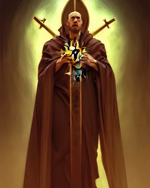 Image similar to realistic portrait of a nasty bishop, inverted cross, evil, heroic pose, beautiful face, bible, full body, dramatic lighting, intricate, wild, highly detailed, digital painting, artstation, concept art, smooth, sharp focus, illustration, art by artgerm and greg rutkowski and alphonse mucha, footage from space camera