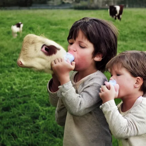 Image similar to photo of a couple of kids drinking milk directly from cow udder, realistic, award winning photo, national geographic