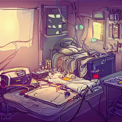 Image similar to a highly detailed illustration of a messy gamer's bedroom, tangled wires, dim lights, messy bed, a sink, cyberpunk, dystopian, artstation