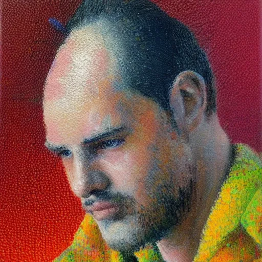 Prompt: oil on canvas, vivid colors, portrait of a man, impressionistic, rough pointillism
