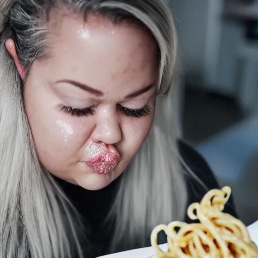 Prompt: a macro shot photo of trisha paytas crying while eating pasta, 8k, DSLR, highly detailed skin, highly detailed hands