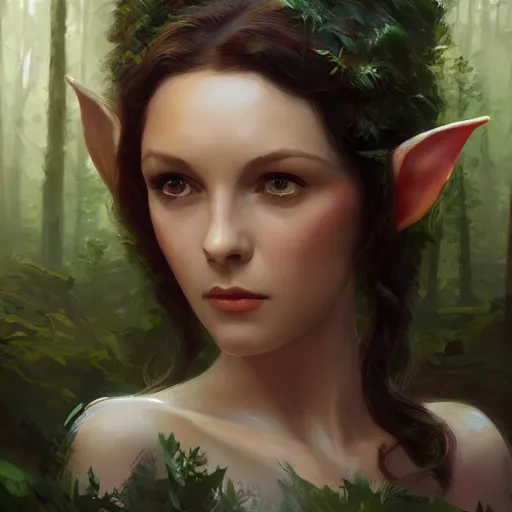 Prompt: closeup portrait of a young vivian leigh with elf ears, forest background, megacity, high fantasy, gorgeous view, depth, high detail, digital art, painted by greg rutkowski, trending on artstation