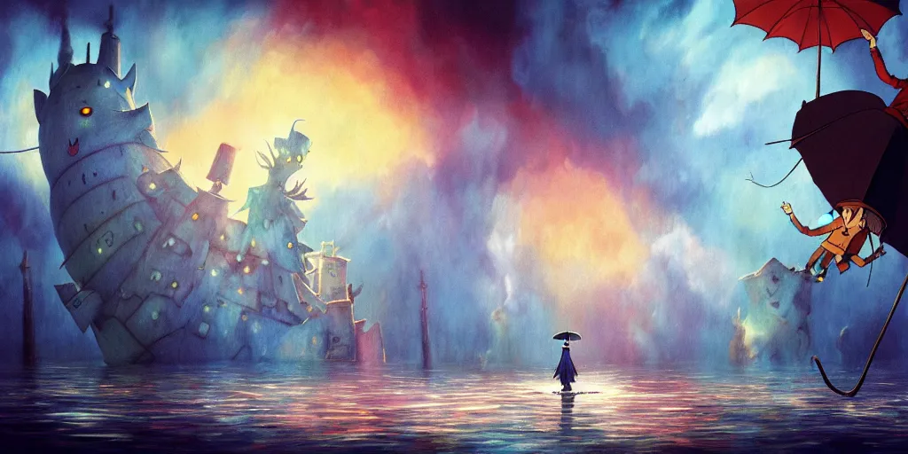 Image similar to a realistic and atmospheric cell - shaded concept art from howl's moving castle ( 2 0 0 4 ) of a multi - colored dragon in the air. a man with an umbrella is standing in a boat in a flooded city. it is a misty starry night. very dull muted colors, hd, 4 k, hq