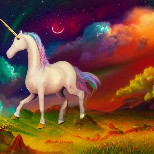 Prompt: an unicorn with wings eating in a field of marijuana, a nebula is in the sky, oil painting, fantasy art, concept art, highly detailed, photorealistic, high quality, 8 k, masterpiece