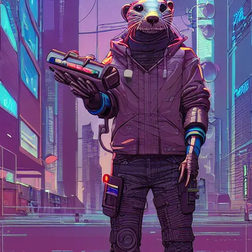 Image similar to A cyberpunk otter cyborg on the street of a cyberpunk city art by Josan Gonzalez, sci-fi, highly detailed, digital painting, artstation, smooth, sharp focus, illustration, concept art by Josan Gonzalez and James Gurney and Mœbius