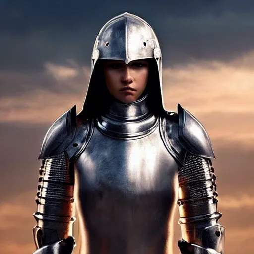 Image similar to a beautiful female knight in a light armor, without any battle experience, who only came to see a dragon, symmetrical, cinematic, real photography