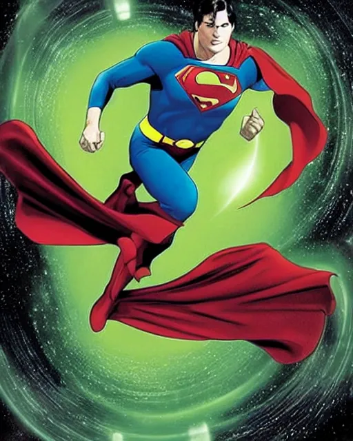 Image similar to Christoper Reeve’s Superman as Hal Jordan photographed in the style of Annie Leibovitz