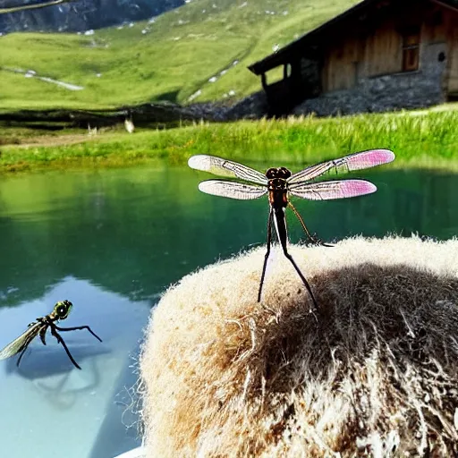 Image similar to dragonfly in a bathtub in the alps, sheep!!! in background