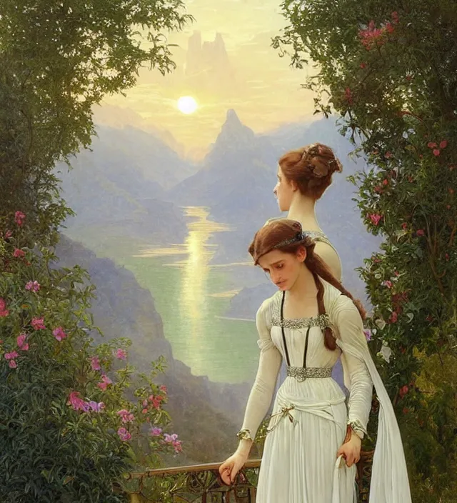 Image similar to intricate oil painting of a young elf alicia vikander with pointed elf ears wearing ornate white and light green dress with silver belt, looking out at sunrise over rivendell from her art nouveau balcony, elegant, digital painting, sharp focus, illustration, ultra realistic, 8 k, by bouguereau, alphonse mucha, artgerm, and donato giancola