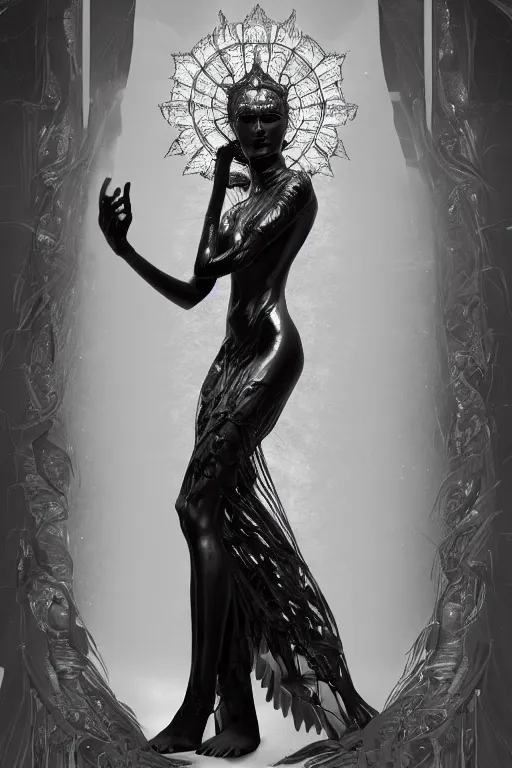 Image similar to a realistic dark photo of a beautiful ancient alien woman goddess kate moss nataraja standing in iris van herpen dress in style of alphonse mucha art nuvo dmt trending on artstation made in unreal engine 4 in 8 k