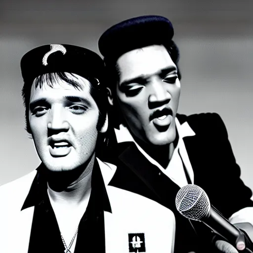 Prompt: elvis presley and snoop dog singing a duet behind a microphone stand, in las vegas, detailed, beautiful, photo, f 1. 8, album cover, photorealistic