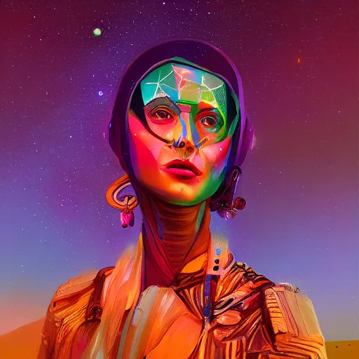 Prompt: colorful character portrait of a woman in the desert at night among the stars, set in the future 2 1 5 0, highly detailed face, very intricate, symmetrical, cinematic lighting, award - winning, painted by mandy jurgens, pan futurism, dystopian, bold colors, dark vibes, cyberpunk, groovy vibe, anime aesthetic, featured on artstation