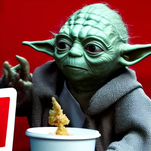 Image similar to A still of Yoda eating at KFC, 4k, photograph, ultra realistic, highly detailed, professional lighting