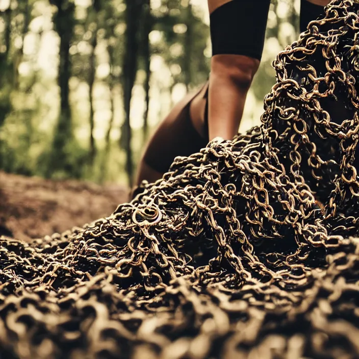 Prompt: a closeup of a woman dragging a pile of chains, in a forest, by Erik Almas, CANON Eos C300, ƒ1.8, 35mm, 8K, medium-format print