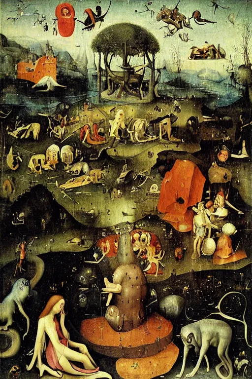 Prompt: Orpheus charming the beasts by Hieronymus Bosch