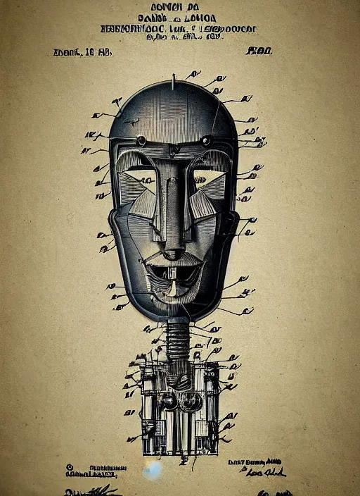 Image similar to patent drawing of a robotic david lynch by leonardo davinci, illustrations, intricate writing, concept art, labels, highly detailed