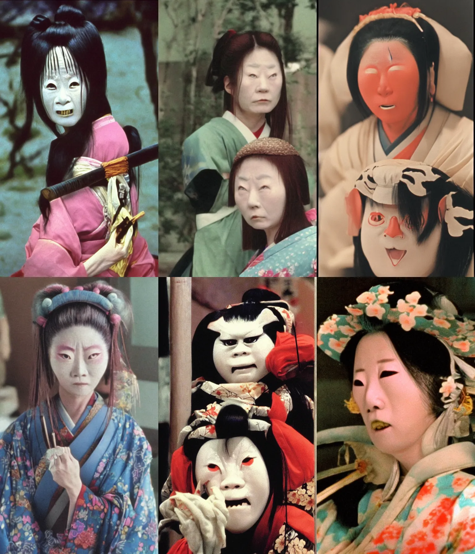 Prompt: full color still of a too realistic female Yokai portrayed by an eccentric Japanese actress, 150mm lens by Akira Kurosawa, 1980 cinematography